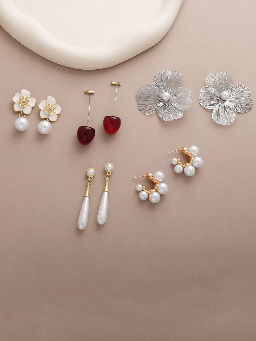 Estailo fashion Set Of 5 Gold-Plated Stones Studded & Pearls Braded Floral Drop Earrings