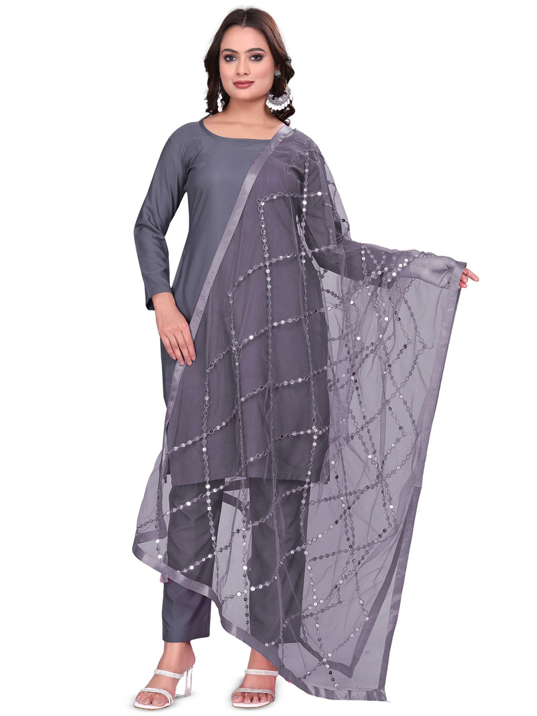 Kemza Embroidered Net Dupatta With Mirror Work