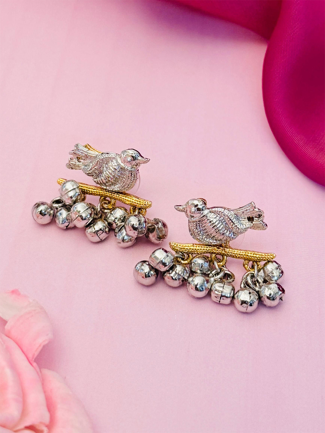 Anouk Silver Plated Ghungroo Beaded  Birds Shaped Drop Earrings