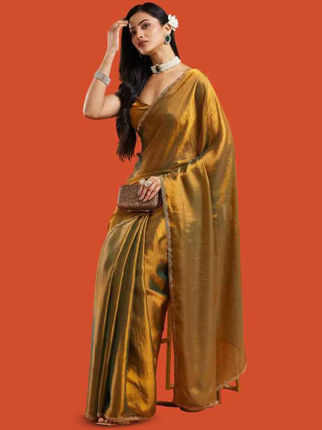 LOROFY Beads and Stones Chanderi Saree with Blousse Piece