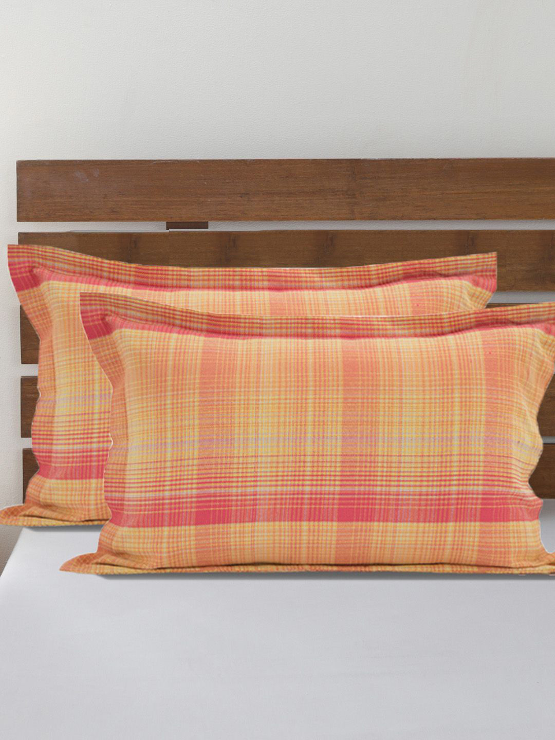 MASPAR Yellow & Red 2 Pieces Checked Cotton Rectangle Pillow Sham Set