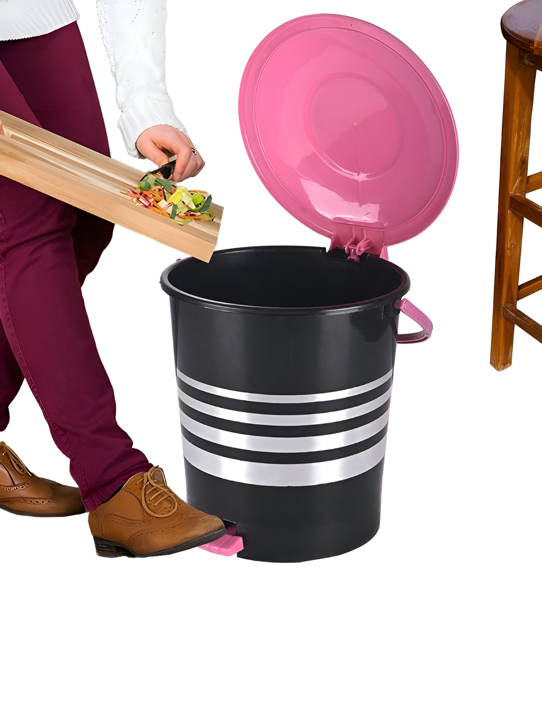Aura Black & Pink Striped Pedal Dustbin With Handle - 10L