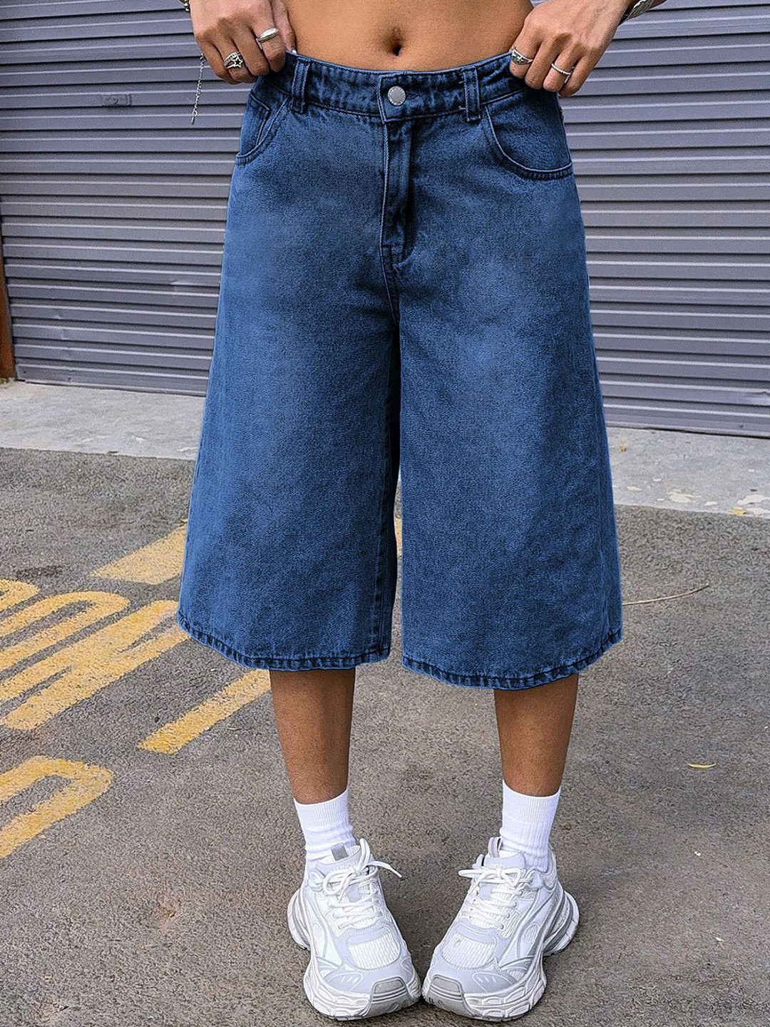 CORSICA Women Long Loose Straight Leg Low Rise Denim Shorts