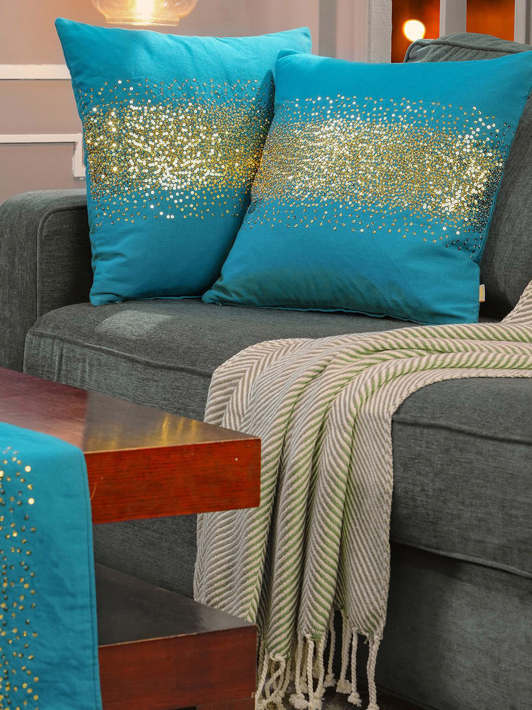 MASPAR Blue Embroidered Cotton 4 Seater Table Runner With 2 Cushion Covers