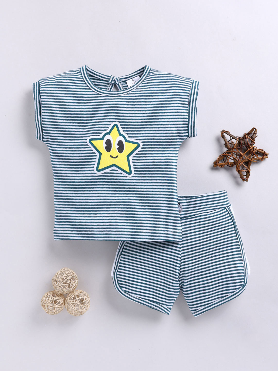 YK X Tinyo Infant Girls Pure Cotton Striped Star Applique Detail Top & Shorts