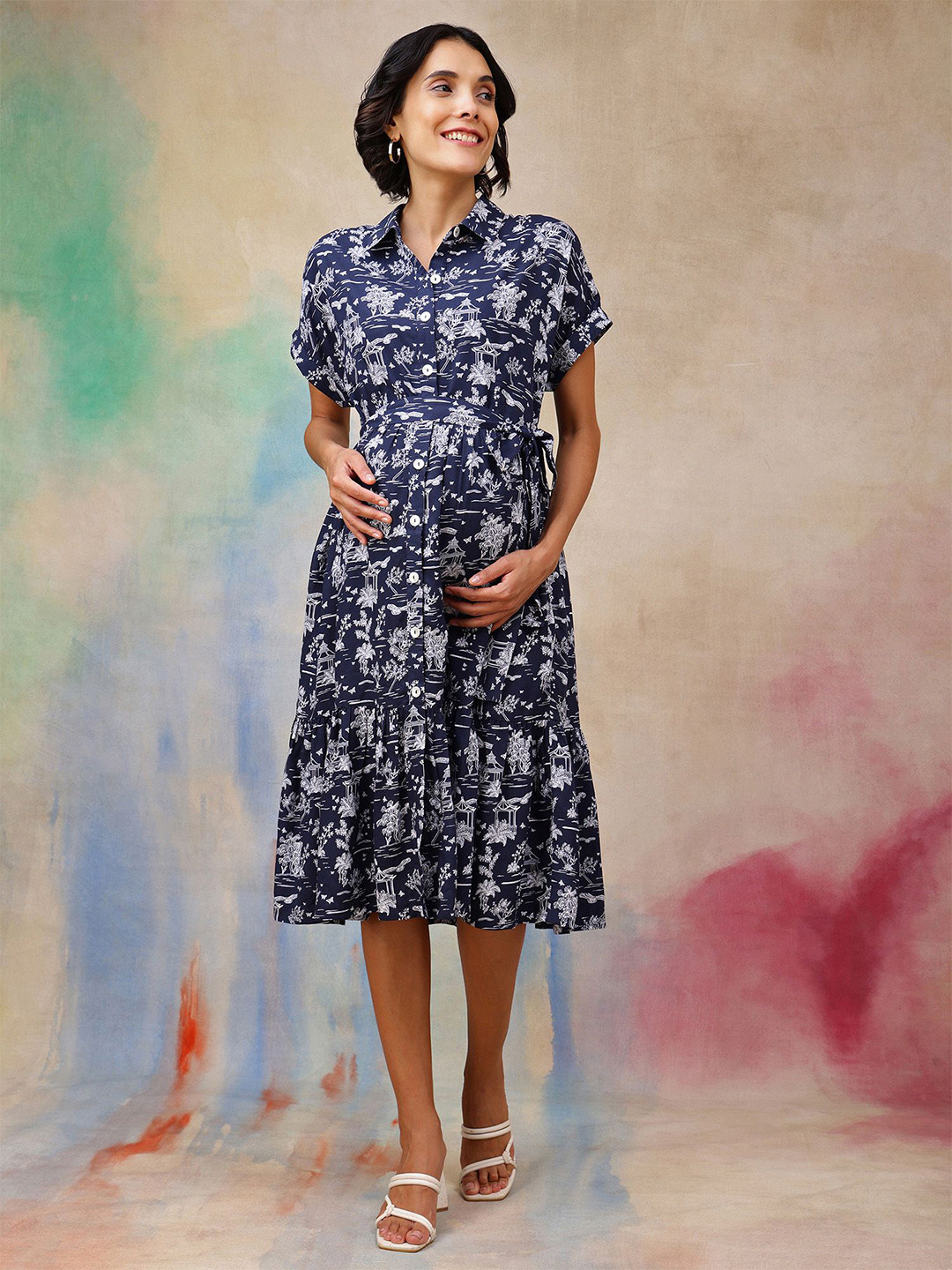 House Of Zelena Women Graphic Printed Tiered Cotton Maternity Shirt Midi Dress