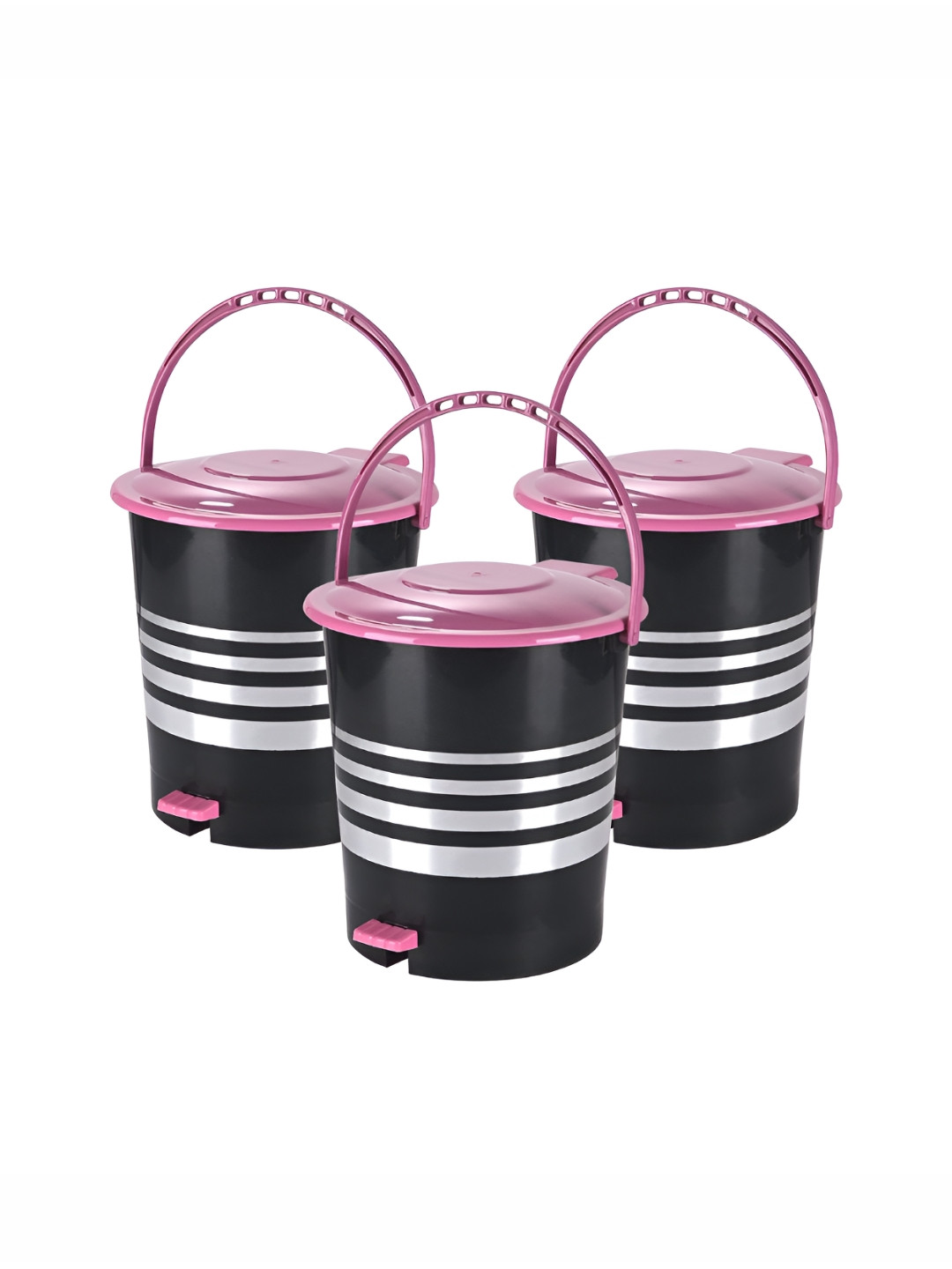 Aura Black & Pink 3 Pieces Pedal Dustbins With Handles - 10L Each