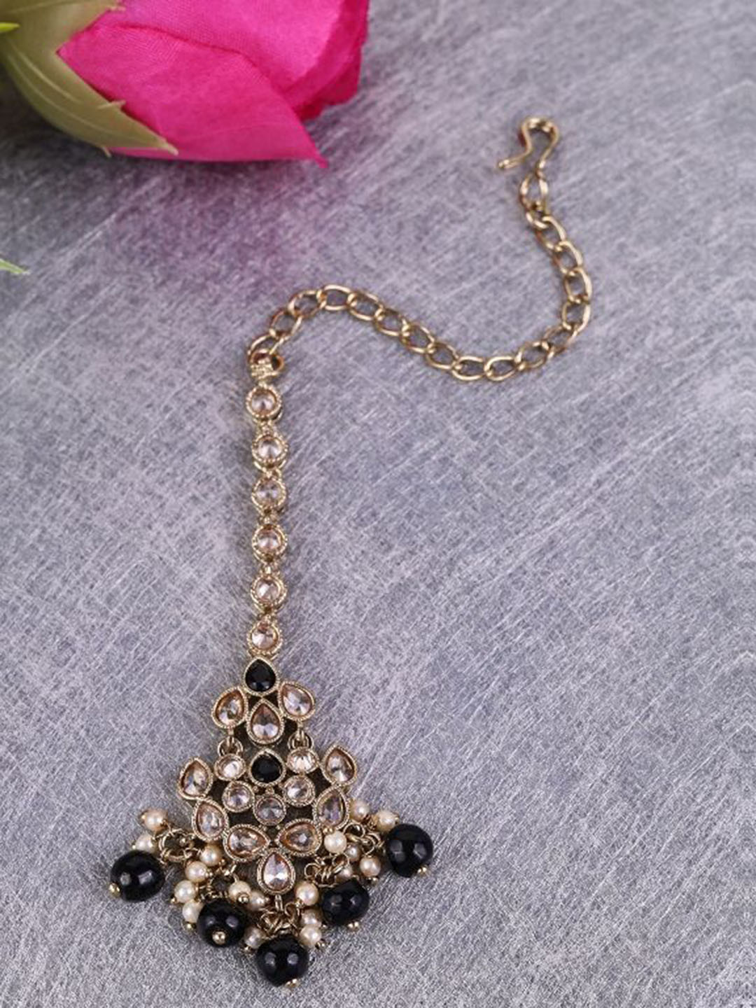 SALONI FASHION JEWELLERY Women Black & Gold-Plated Brass Artificial Stones Maang Tikka