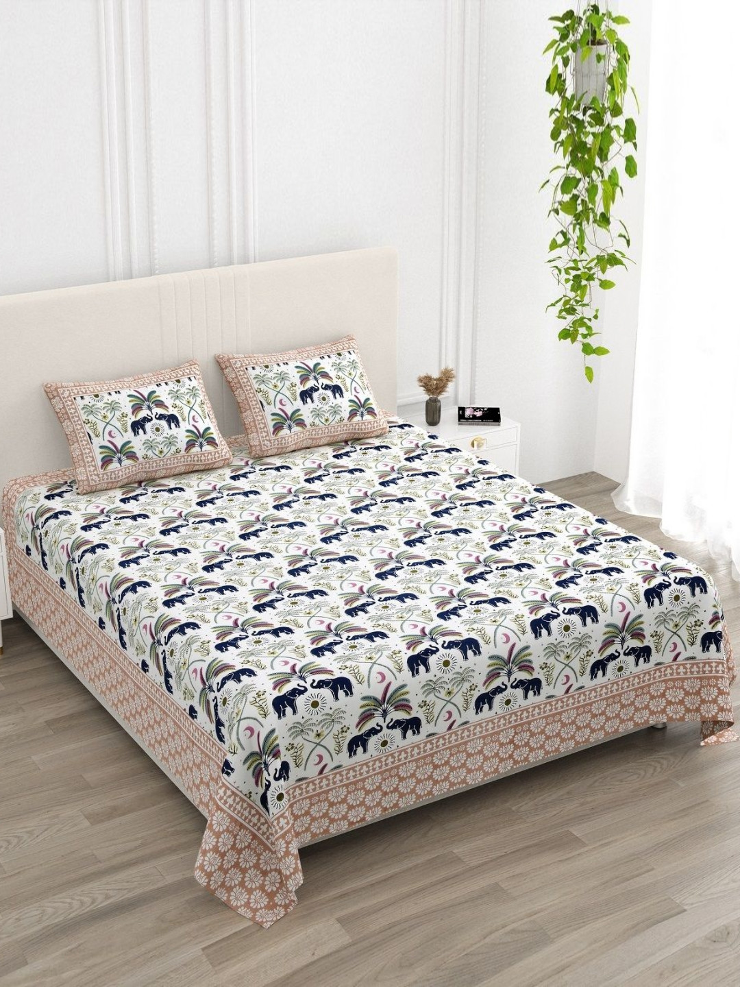 ATARAH Orange Colored & White Printed Pure Cotton 144 TC King Bedsheet Set 2.25 m x 2.75 m