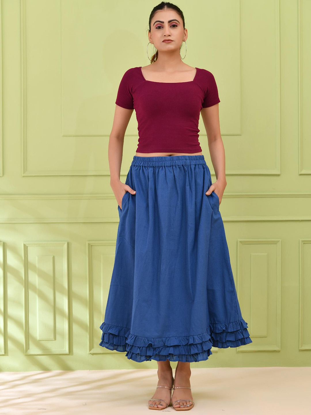 SIDDHO HUM Women Pure Cotton A-Line Midi Skirt With Ruffles Details
