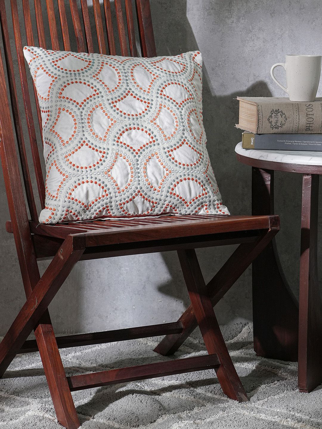 MASPAR White & Orange-Colored Embroidered Medium Square Cushion Cover