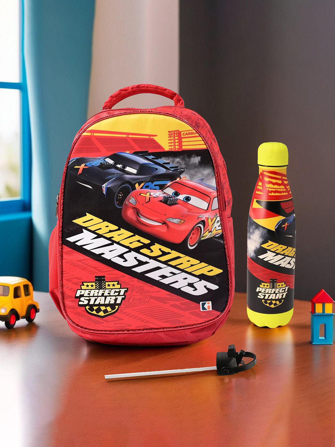 YK Kids Set Of 2 Disney Car Printed School Backpack With Water Bottle