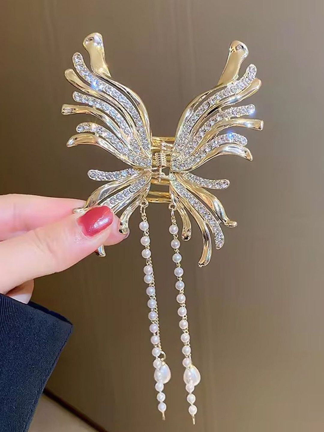 DIVASTRI Set of 2 Gold Toned Artificial Stone Studded Claw Clip