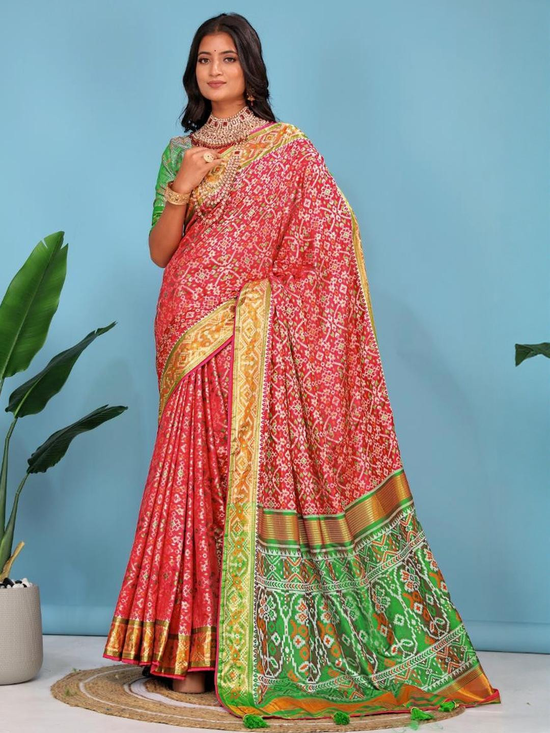 jayant creation Red Silk Blend Patola Sarees