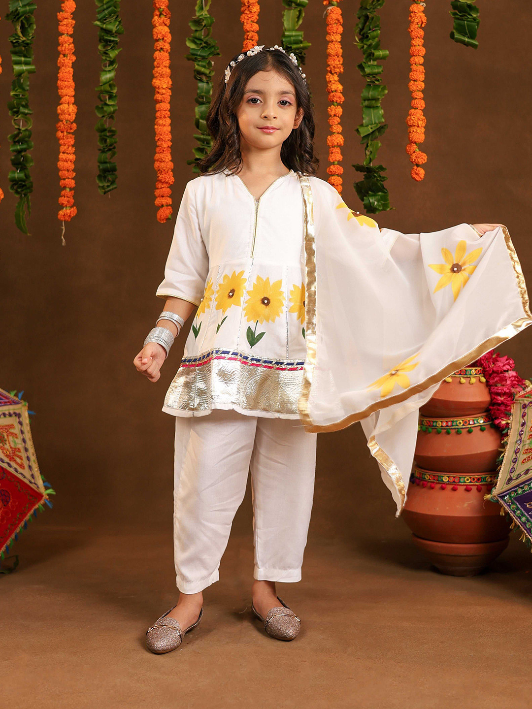 Thread & Button Girls White Sunflower Suit Set