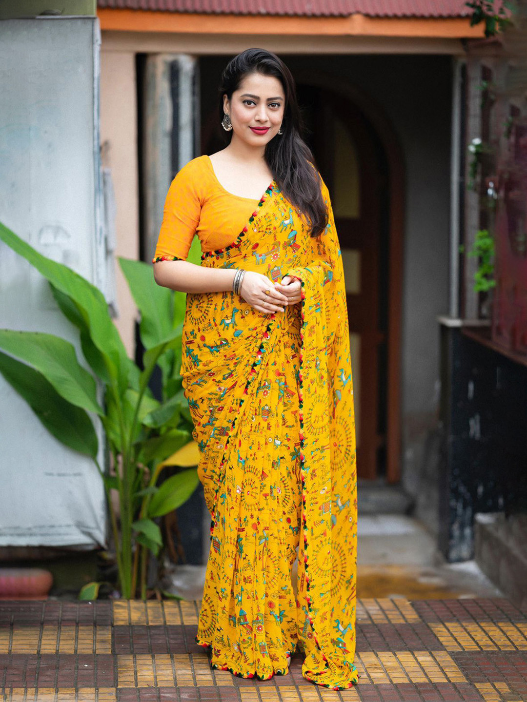 HERE&NOW Warli Pure Georgette Mangalagiri Saree