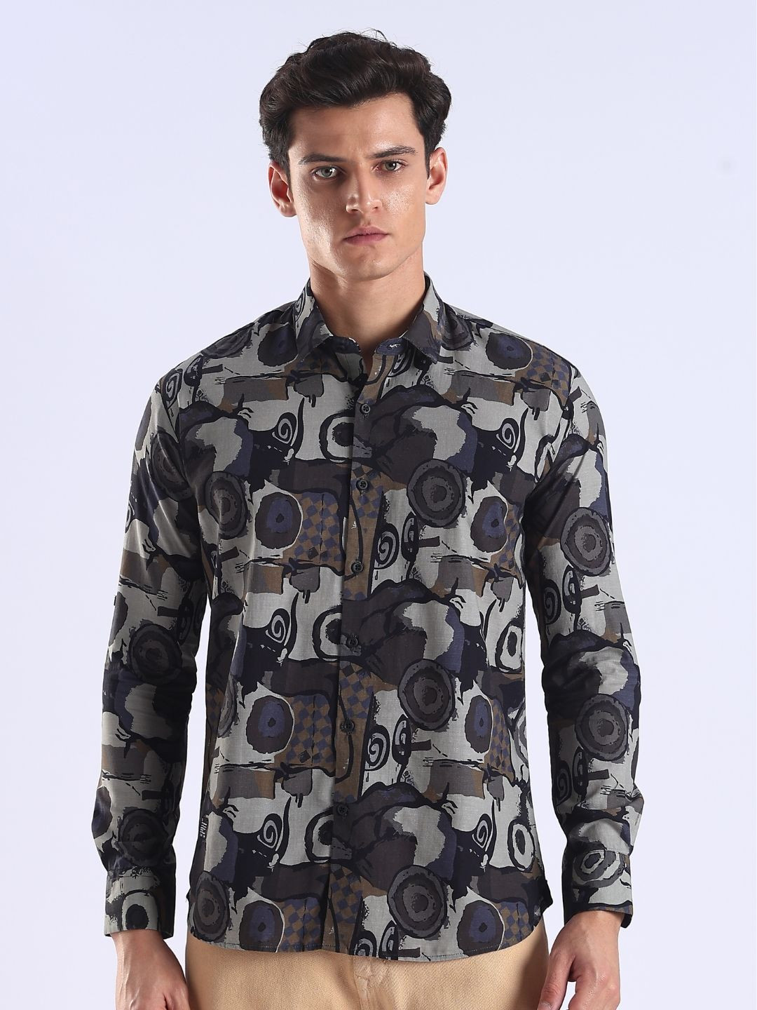 COOL COLORS Men Comfort Slim Fit Abstract Printed Spread Collar Cotton Casual Shirt