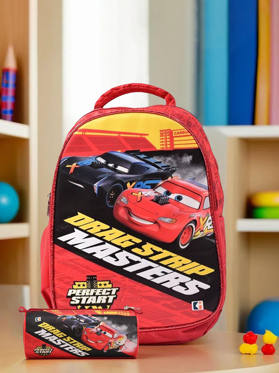 YK Kids Set Of 2 Disney Car Printed School Backpack With Pencil Pouch