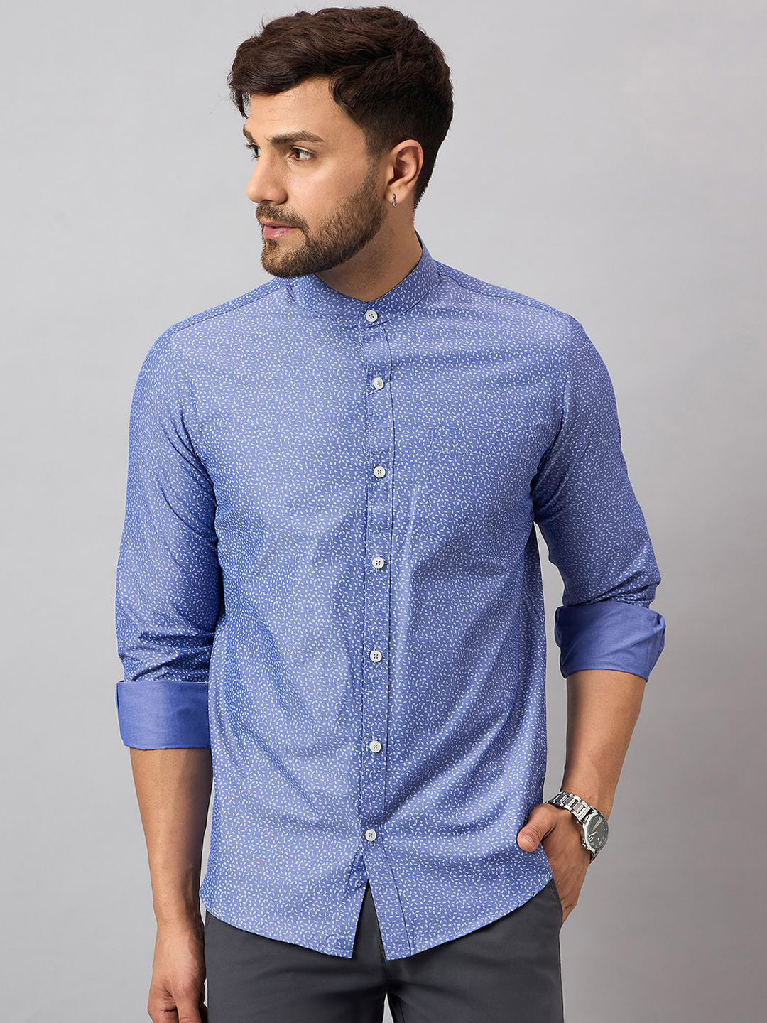 THE BEETEL HOUSE Men Micro Ditsy Printed Mandarin Collar Cotton Casual Shirt