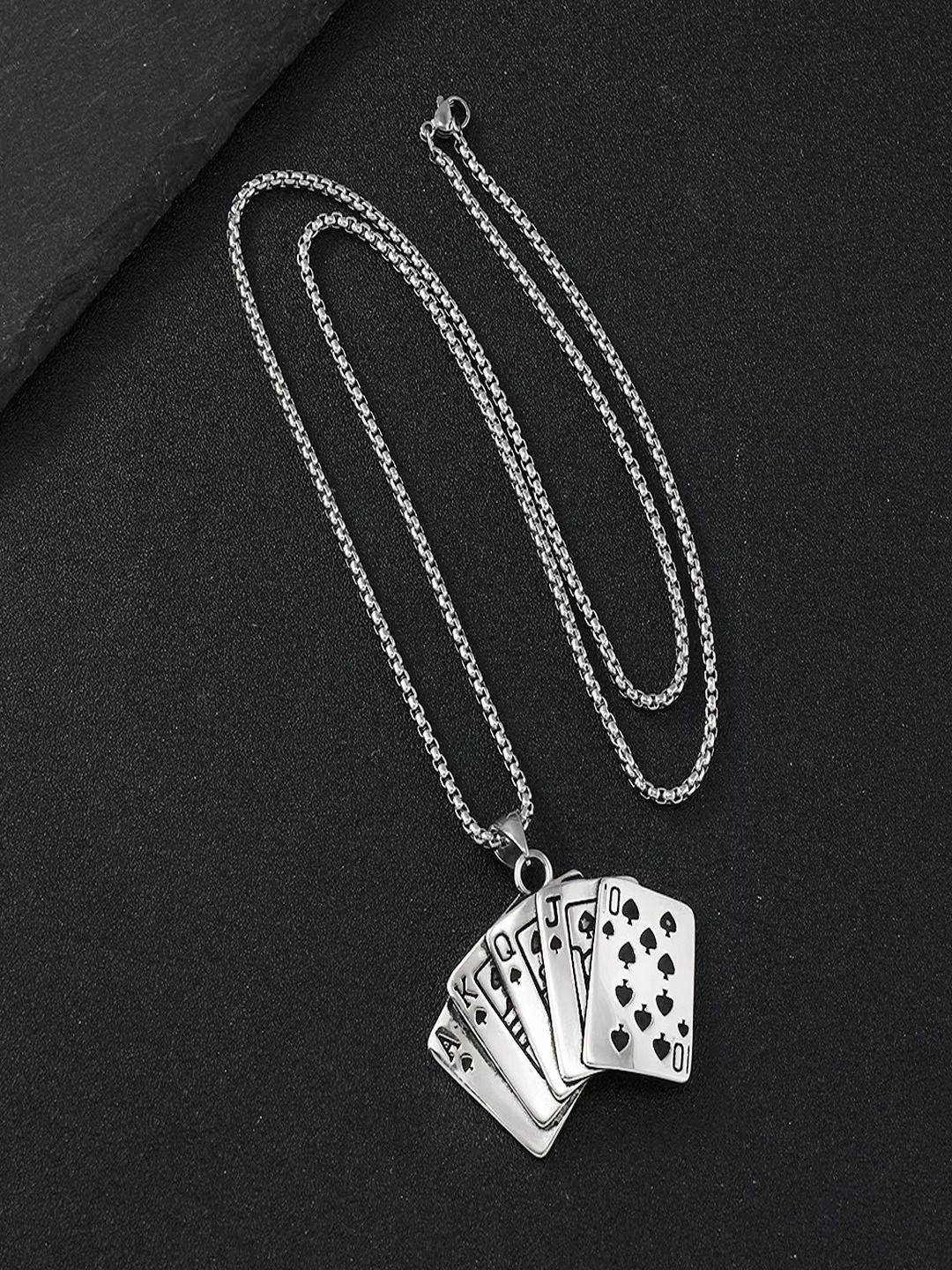 UNIVERSITY TRENDZ Men Silver-Plated Playing Cards Square Shaped Pendant With Chain