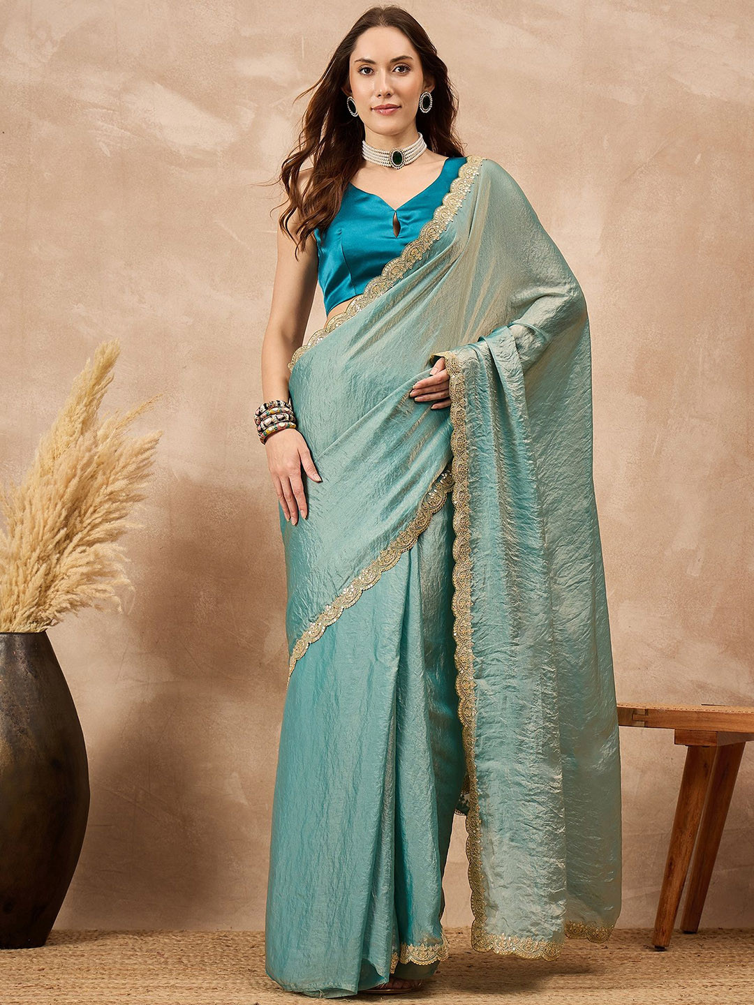all about you Organza Solid Saree with Gotta Lace Border