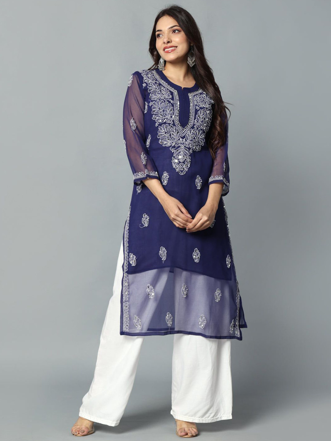 MALABIS Chikankari Chiffon Georgette Straight Kurti With Matching Cotton Bottom