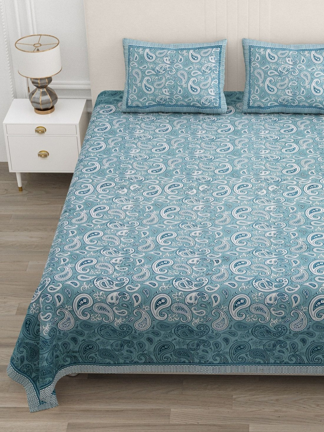 ATARAH Blue & White Printed Cotton 144 TC King Bedsheet Set 2.25 m x 2.75 m