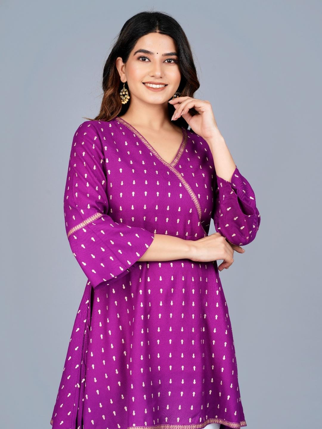 NUPITAL Polka Dot Printed V-Neck Bell Sleeves Block Print Top