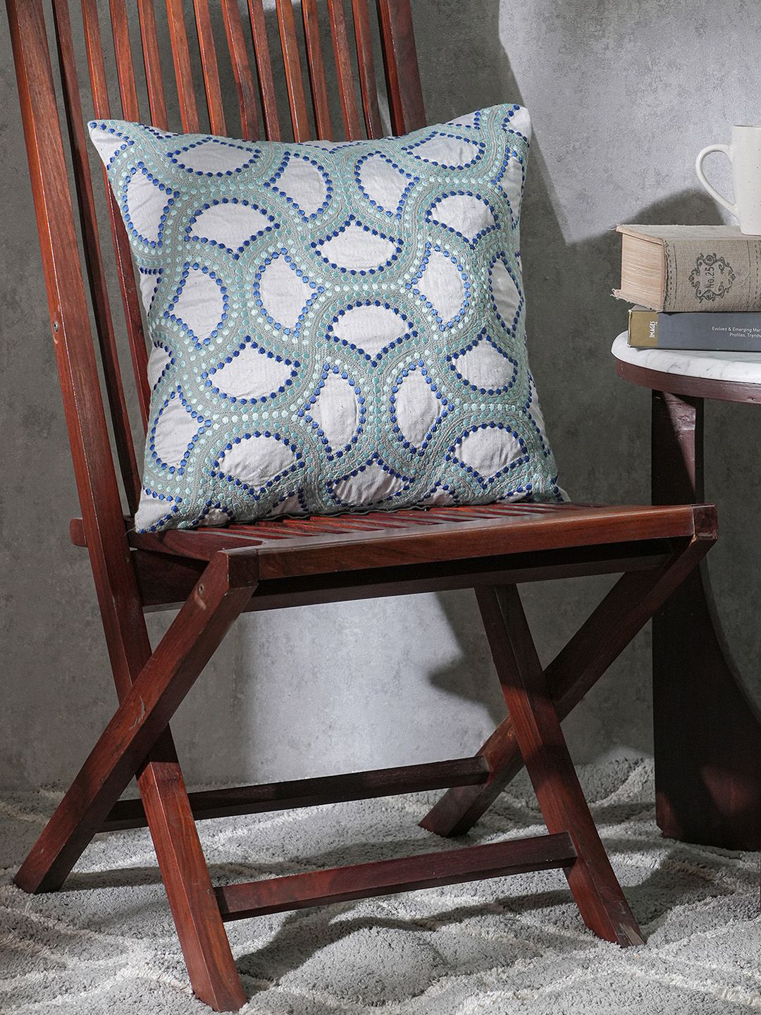 MASPAR Blue & White Embroidered Medium Square Cushion Cover