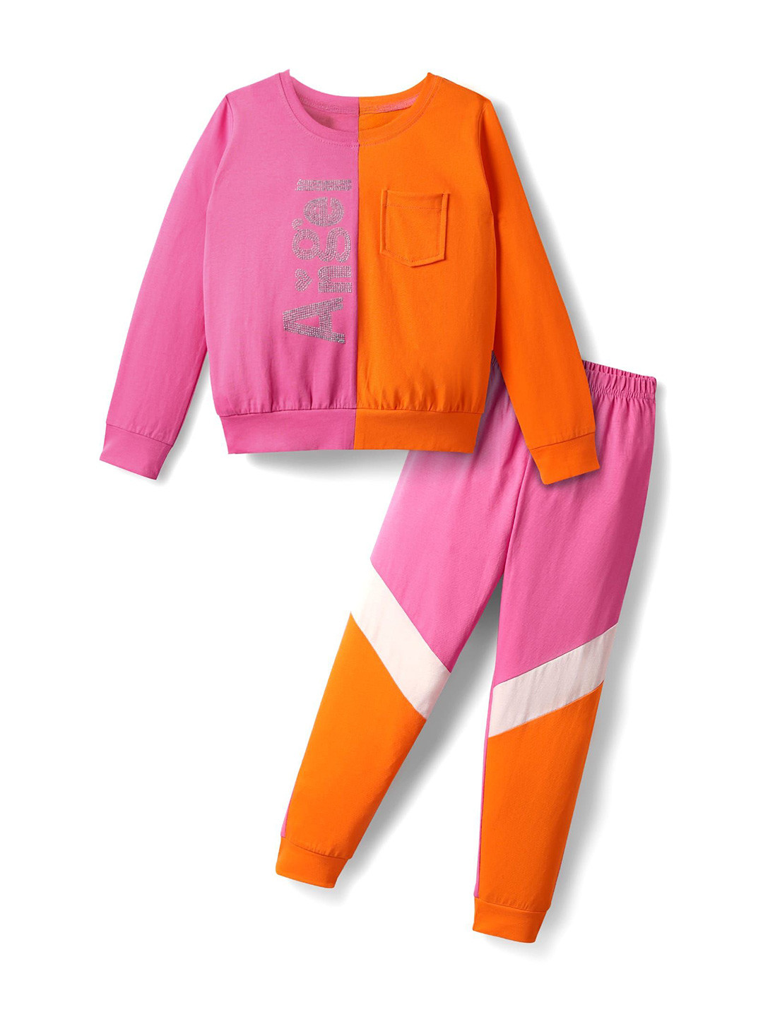 YK Girls Colourblocked Angel Sequence Work Pure Cotton Top With Jogger