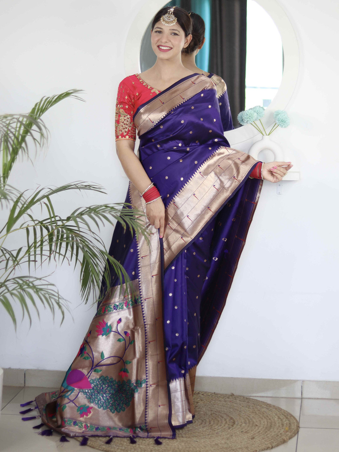 VARNI FABRICS Polka Dots Woven Design Zari Paithani Saree with Contrast Blouse