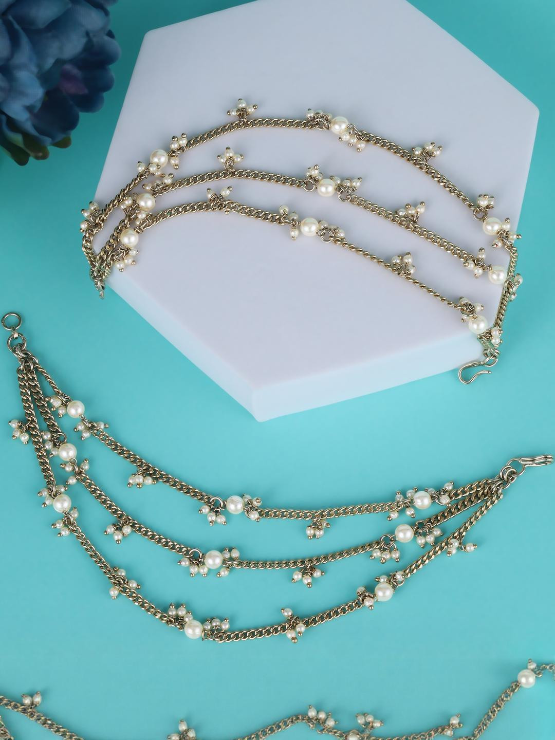 SALONI FASHION JEWELLERY Set of 2 Gold Plated Traditional Stylish 3 String Long Ear Chain