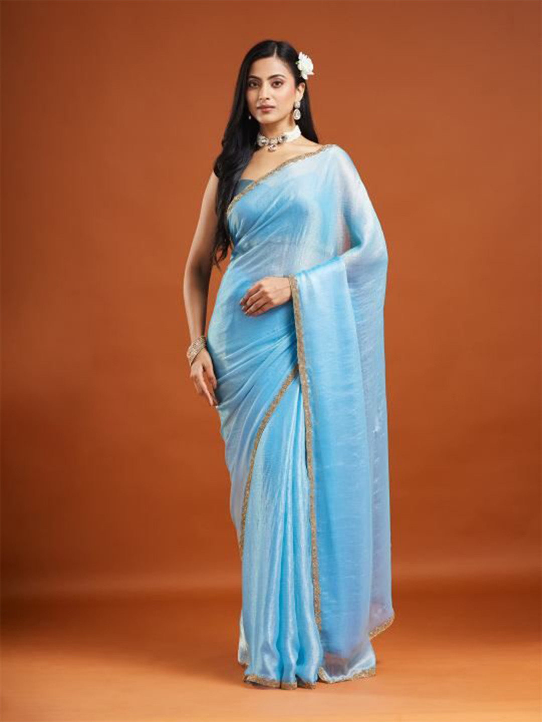 LOROFY Embellished Beads and Stones Jute Silk Border Saree