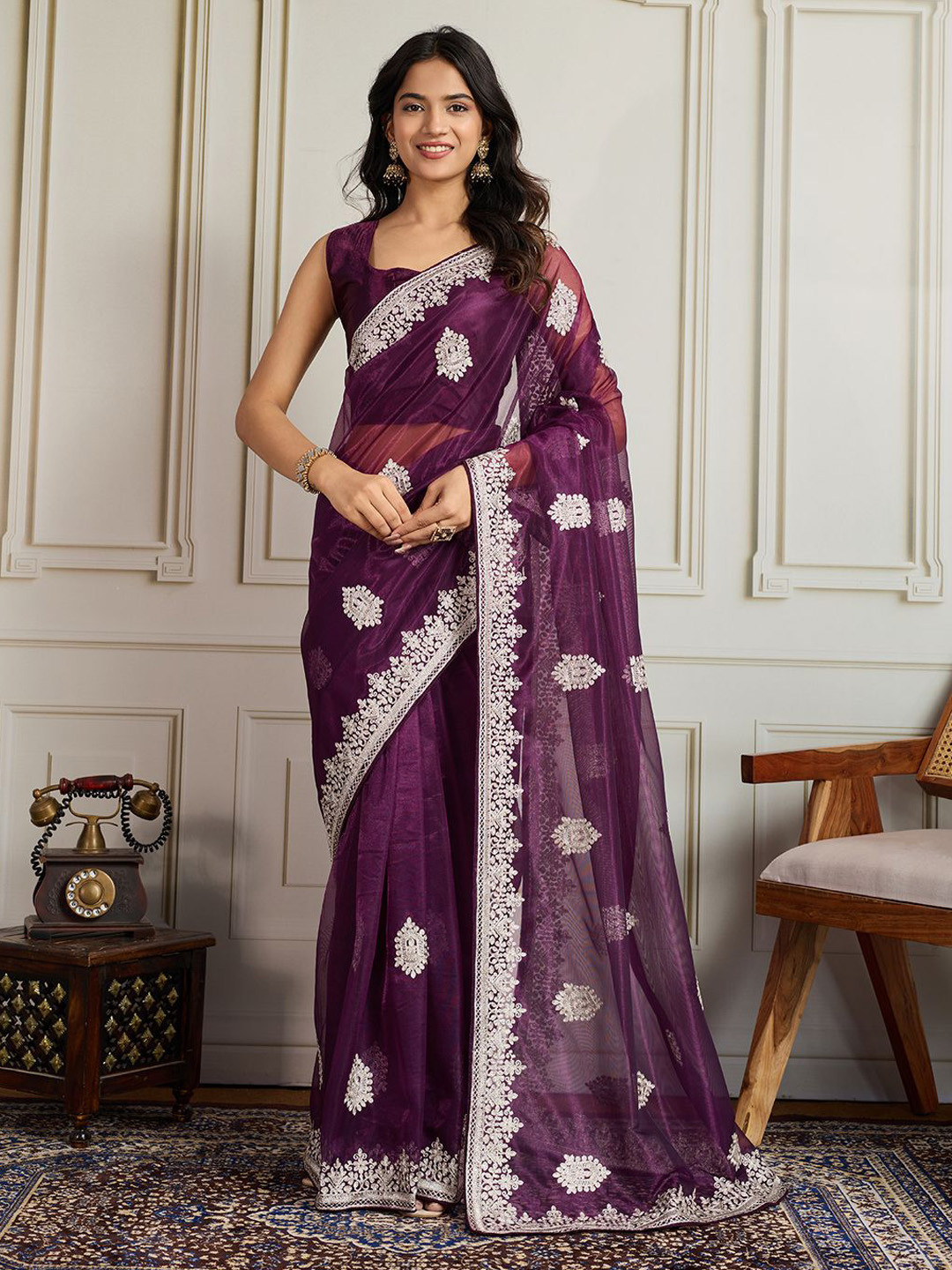 House of Pataudi Ethnic Motifs Embroidered Net Saree