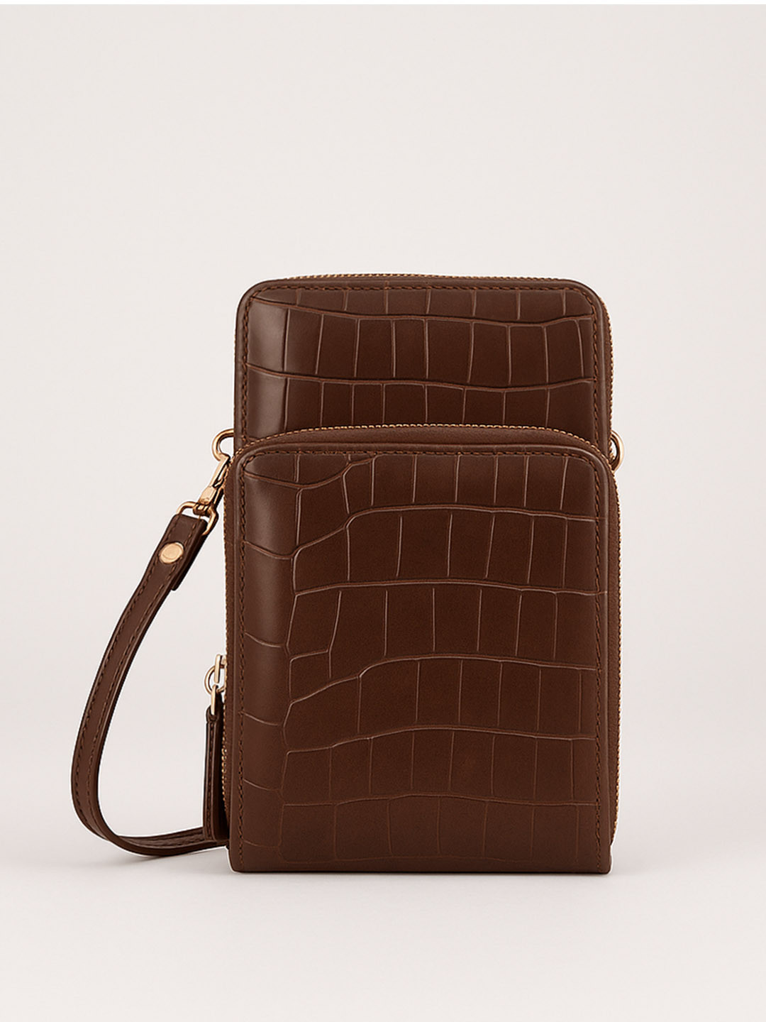 Lino Perros Coffee Brown Croc Textured Structured Sling Bag with Detachable Sling Strap