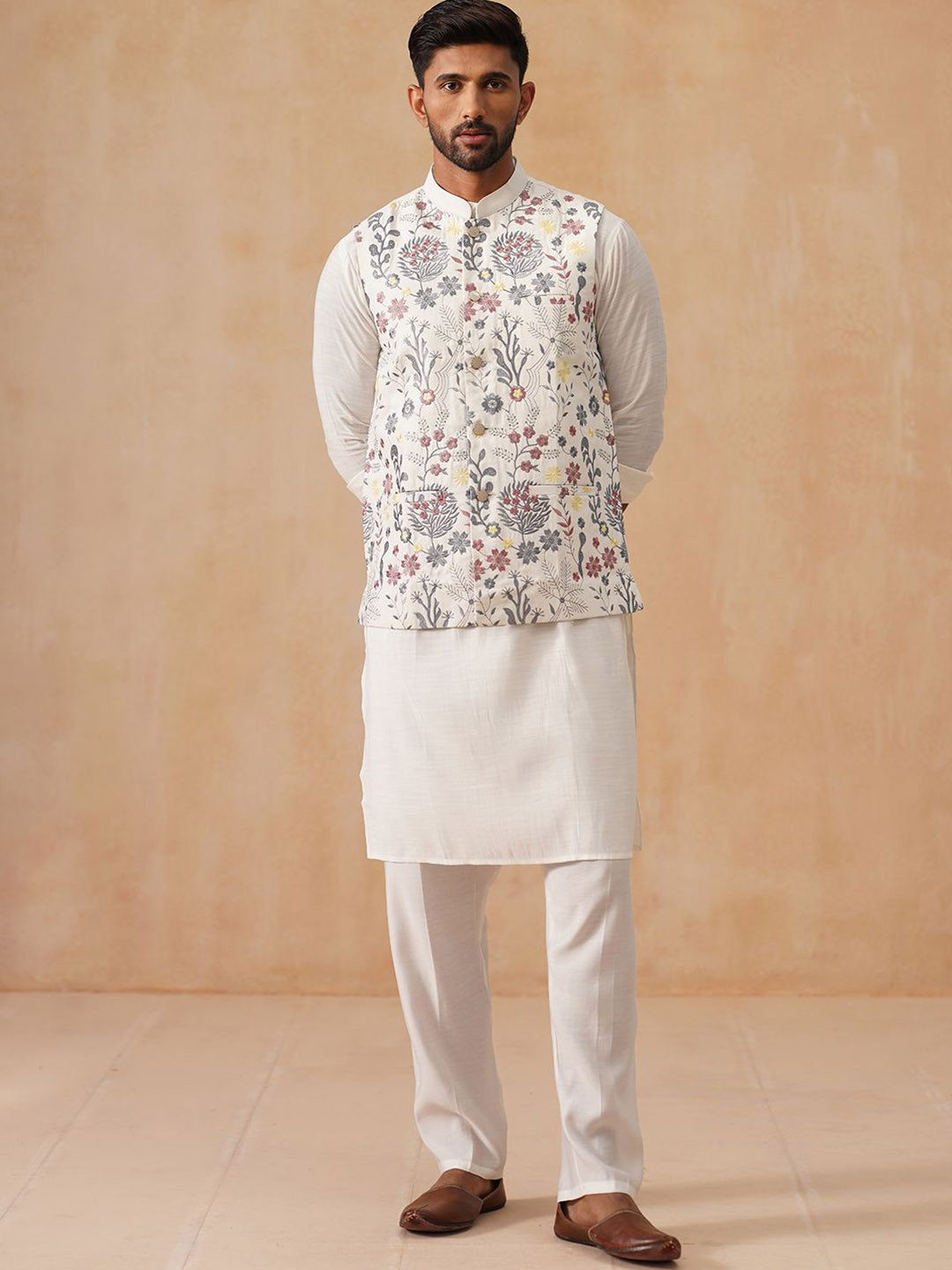 Jompers Men Embroidered Nehru Jacket with Kurta Pyjama Set