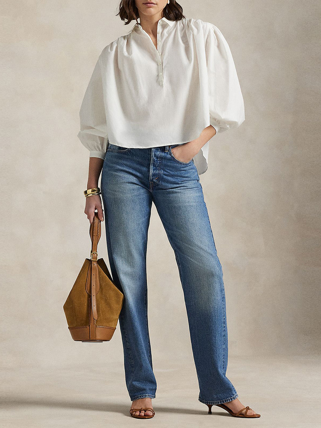 Polo Ralph Lauren Women Cotton Pleated Shirt Collar Blouson Top