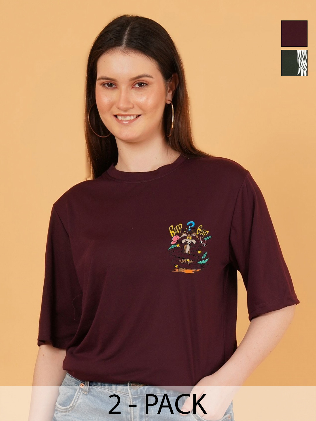 Kasendra Women Pack of 2 Road Runner Graphic Printed Round Neck T-shirts