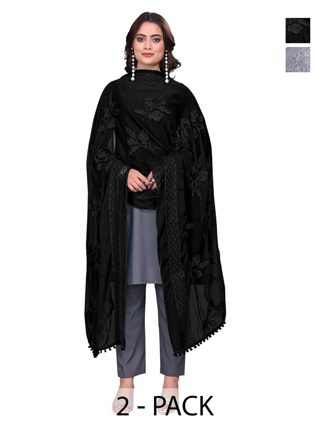 Kemza Selection Of 2 Embroidered Thread Work Chiffon Phulkari Dupatta