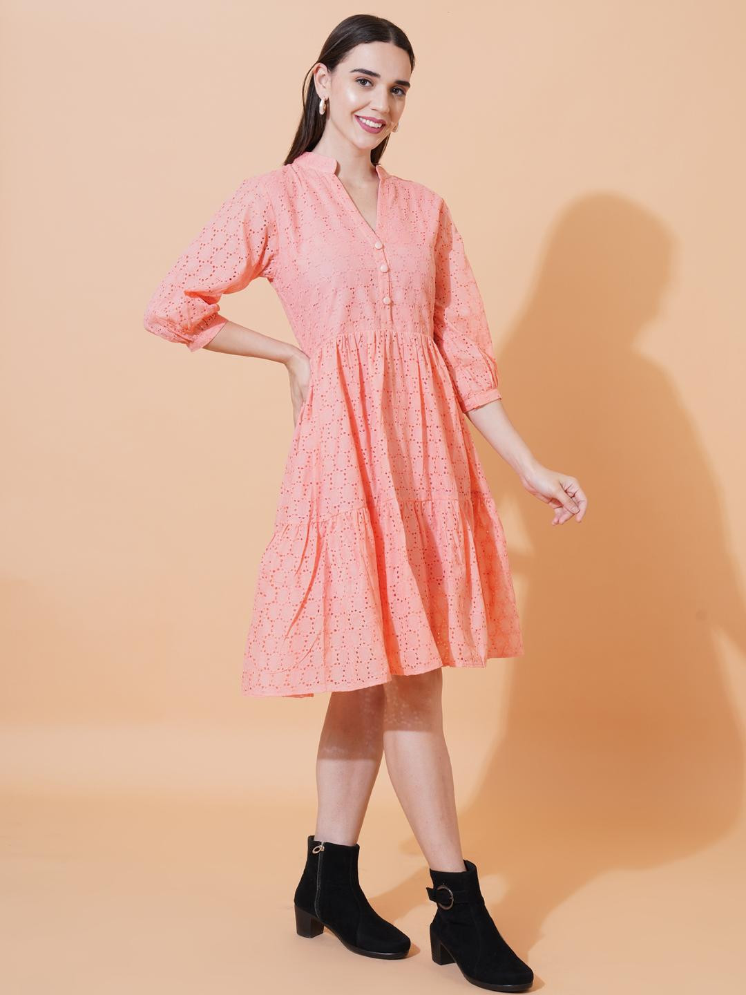 ARV TRENDS Schiffli Work Solid Peach V-Neck A-Line Dress