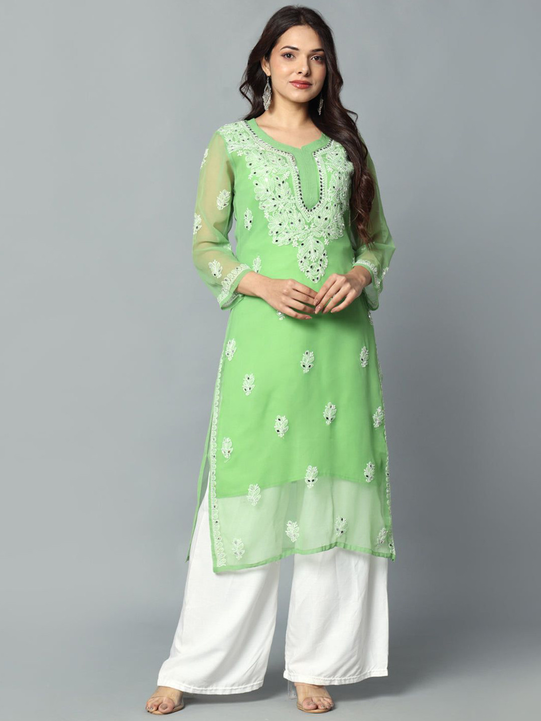MALABIS Ethnic Motifs Embroidered Mirror Work Pure Georgette Chikankari Kurti