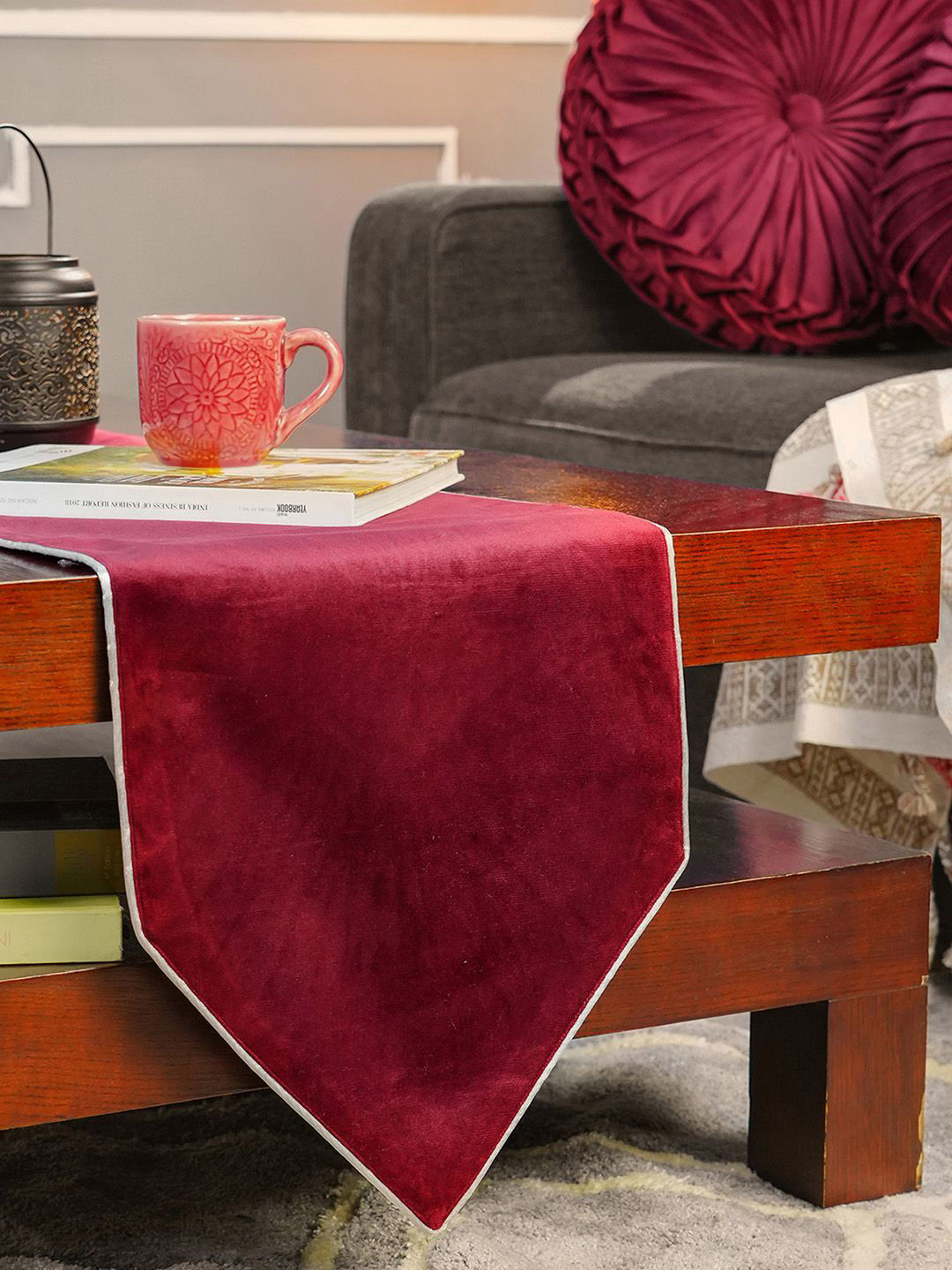 MASPAR Maroon & Gold Toned 4 Seater Table Runner With Cushions