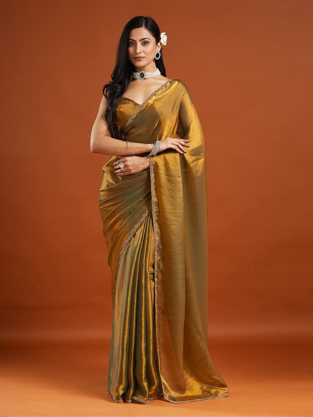 LOROFY Embellished Beads and Stones Tussar Saree