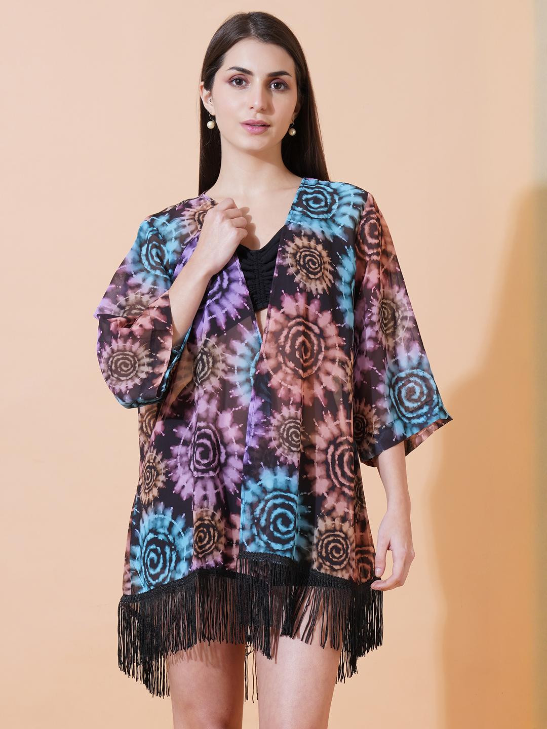 ARV TRENDS Women Graphic Printed Tasselled Georgette Shrug