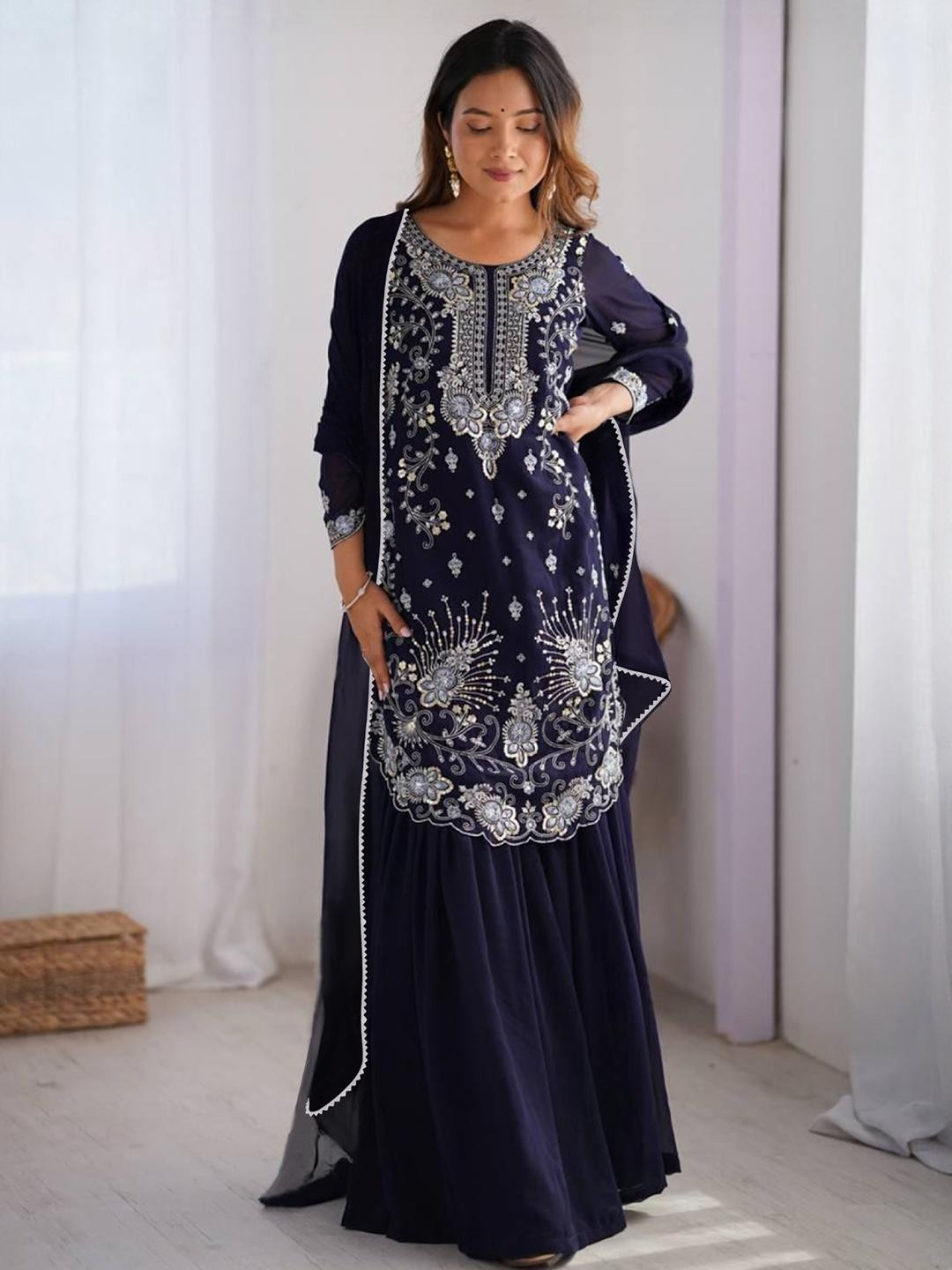 dearthank Women Blue Silk Georgette Kurta Sets