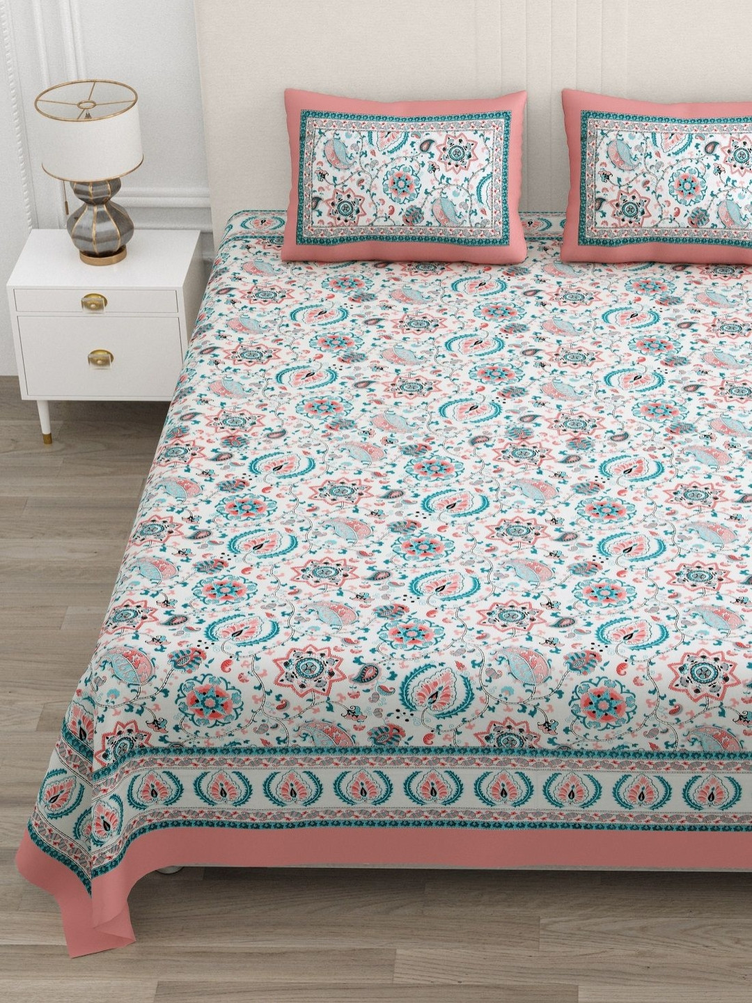 ATARAH Pink & White Ethnic Printed 144TC Cotton Double Queen Bedsheet Set 2.25 m x 2.75 m