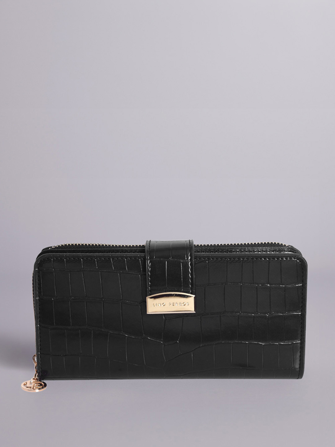 Lino Perros Women Black Croc Textured PU Zip Around Wallet