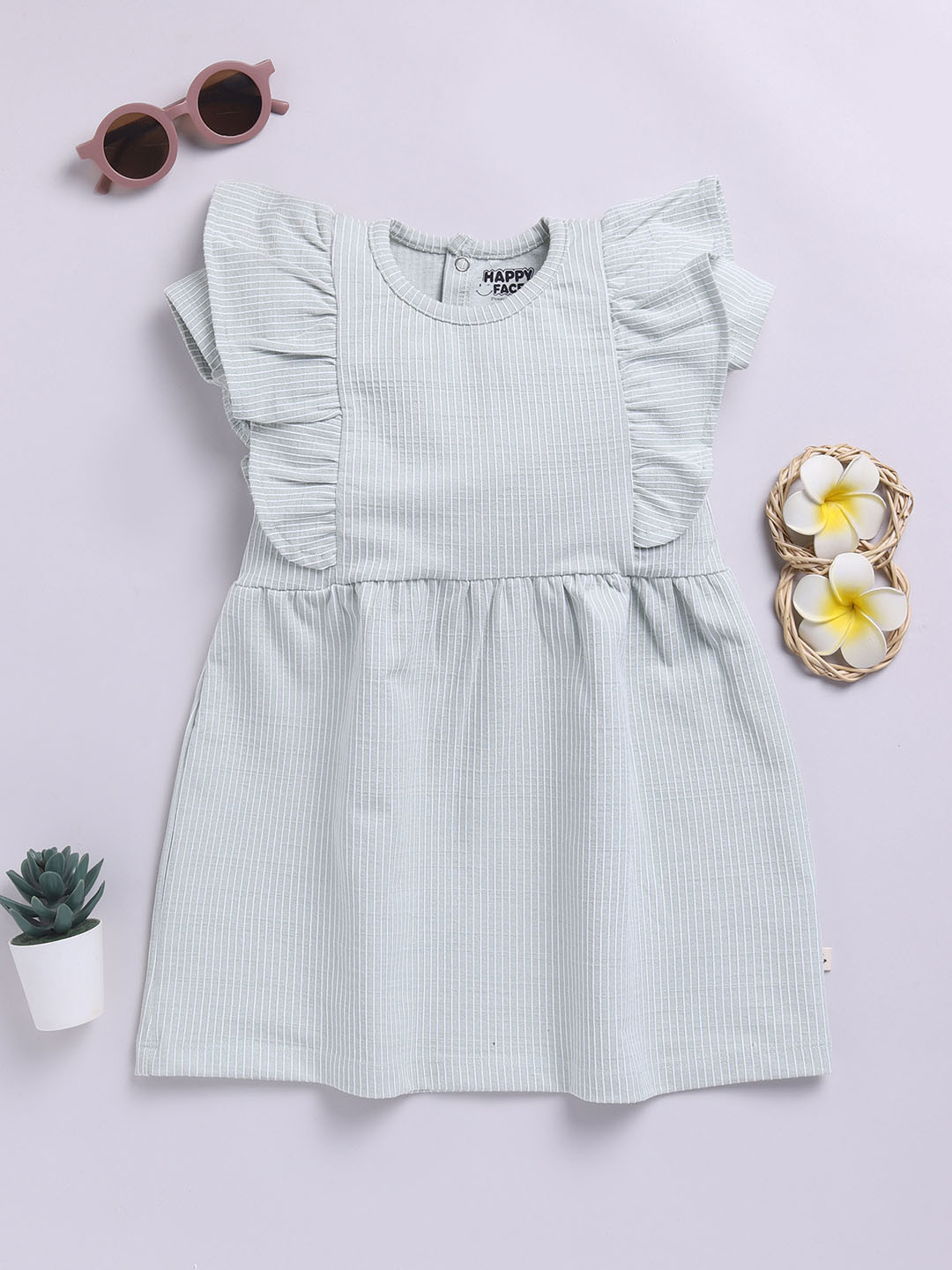 Happy Faces Girls Striped Ruffled Fit & Flare Pure Cotton Dress