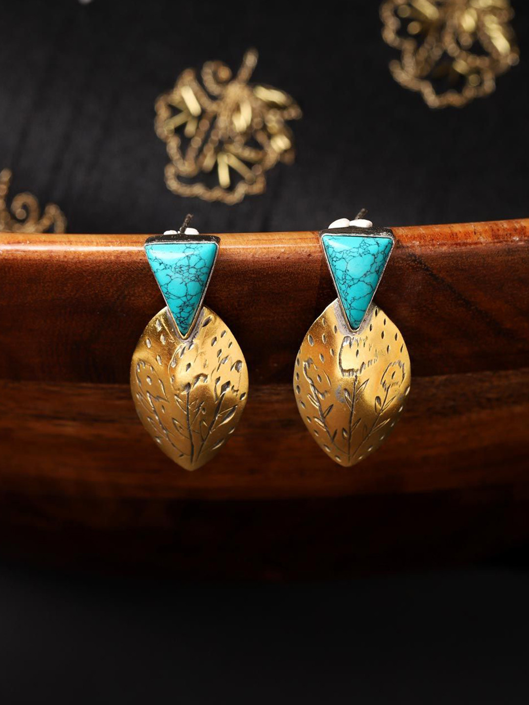 Fabindia Silver Turquoise Studded Triangular Shaped Drop Earrings