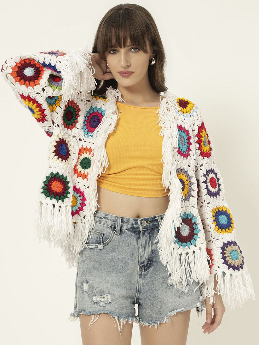 Sugercandy Floral Self Design Fringed Woollen Cardigan